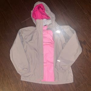 Girls grey North Face rain jacket with pink inside lining